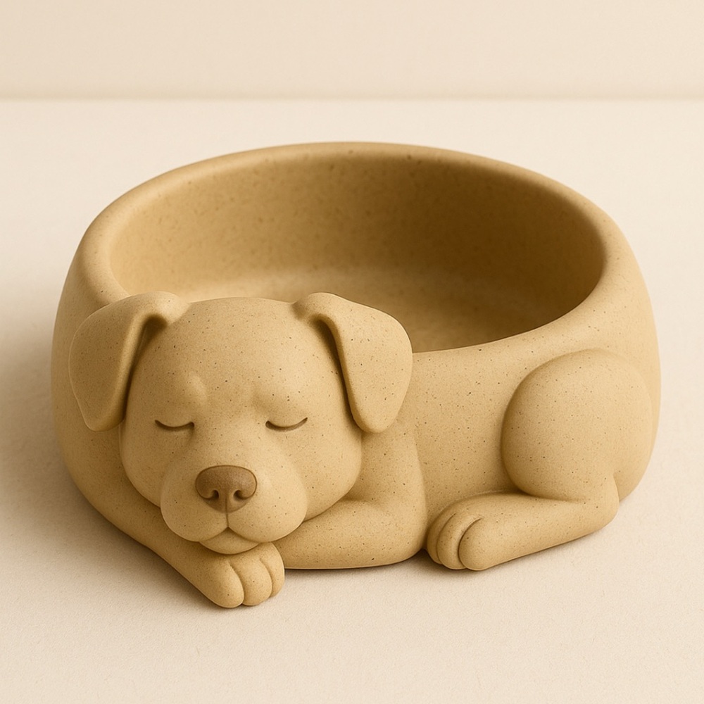 Cream Dog-Shaped 3D Pet Bowl - Cute Sleeping Puppy Design